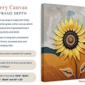 Puede incluir: Impresi&oacute;n en lienzo de galer&iacute;a con un girasol texturizado de p&eacute;talos amarillos y centro oscuro. Profundidad del marco de 3,2 cm. Disponible en cinco tama&ntilde;os, incluyendo 28x35 cm y 61x81 cm. La tela de lona es duradera y resistente a los ara&ntilde;azos.