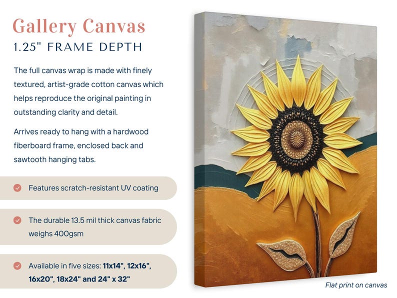 Puede incluir: Impresi&oacute;n en lienzo de galer&iacute;a con un girasol texturizado de p&eacute;talos amarillos y centro oscuro. Profundidad del marco de 3,2 cm. Disponible en cinco tama&ntilde;os, incluyendo 28x35 cm y 61x81 cm. La tela de lona es duradera y resistente a los ara&ntilde;azos.