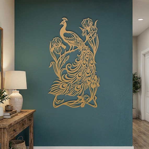 Art Nouveau Peacock Wall Art • Metal Iris Flower Panel • Vertical Bird Sign • Vintage 1920s Style • Narrow Outdoor Front Door Porch Decor