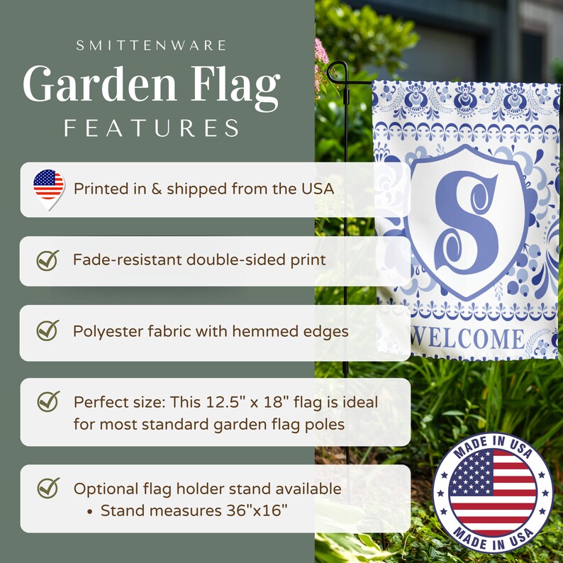 May include: A blue and white garden flag with a white shield featuring the letter "S" in blue. The flag has a white background with a blue and white pattern and the word "WELCOME" in blue. The flag is made in the USA.
