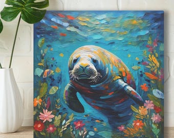Manatee Art Print on Framed Canvas or Poster Paper, Original Oil Painting Artwork, Cute Aquatic Sea Animal & Flowers, Gift For Manatee Lover