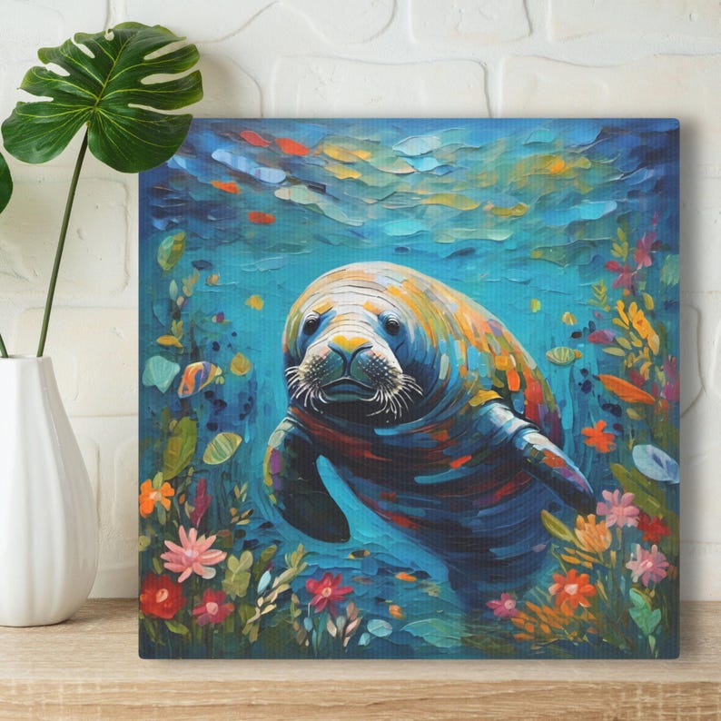Manatee Art Print • Whimsical Folk Art Painting • Eclectic Wall Decor • Sea Animal Garden • Framed Canvas Poster Gift For Manatee Lover image 1