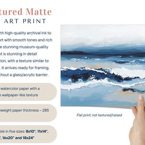 Pintura abstracta de olas del océano en tonos azules intensos, olas rompiendo en la playa, paisaje marino relajante, decoración de pared costera, lienzo horizontal o impresión. imagen 3