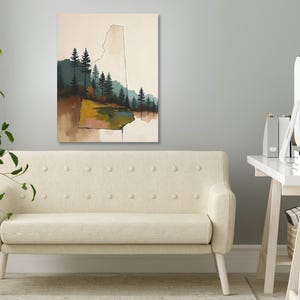 Abstract New Hampshire State Silhouette Wall Art Print, Mountain Pine Tree Forest Landscape Painting, Muted Color Green Blue & Beige Artwork image 8
