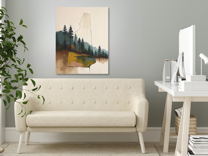 Abstract New Hampshire State Silhouette Wall Art Print, Mountain Pine Tree Forest Landscape Painting, Muted Color Green Blue & Beige Artwork image 8