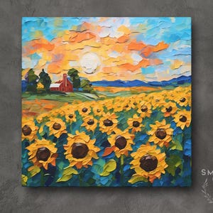 Kansas Sunflowers Wall Art on Canvas Print, Kansas State Flower Field Original Landscape Painting Artwork Home Decor Gift