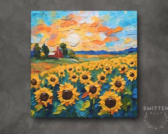 Impresión de lienzo con girasoles de Kansas, pintura de paisaje original del campo de flores del estado de Kansas, obra de arte para decoración del hogar, regalo