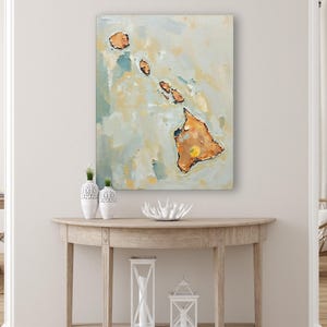 Impresión artística de pared con silueta abstracta del estado de Hawái, pintura texturizada minimalista moderna en colores neutros y apagados, decoración en azul aguamarina y naranja. imagen 7