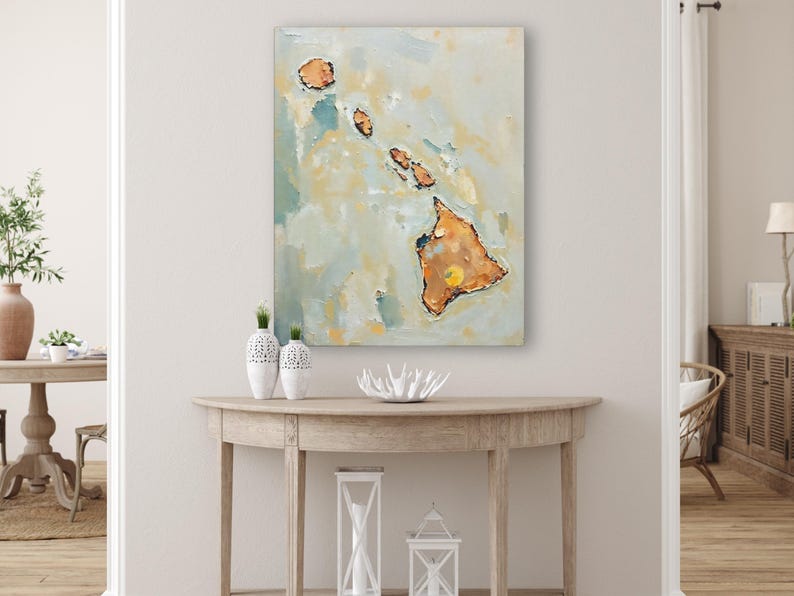 Impresión artística de pared con silueta abstracta del estado de Hawái, pintura texturizada minimalista moderna en colores neutros y apagados, decoración en azul aguamarina y naranja. imagen 7