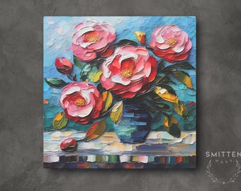 Impresión artística de flor de camelia de Alabama sobre lienzo, arte de pared, flor rosa del estado de Alabama, naturaleza muerta abstracta, pintura original, obra de arte