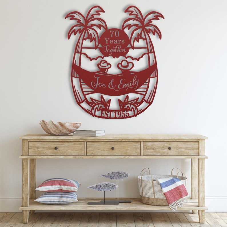 70th Anniversary Gift for Parents, 70 Years Together Tropical Beach Sunset Metal Name Sign Wall Art, Wedding Anniversary Gift for Couple image 9