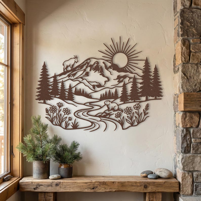 Rust copper landscape of Mt Rainier meadow scene hanging in rustic wood cabin.