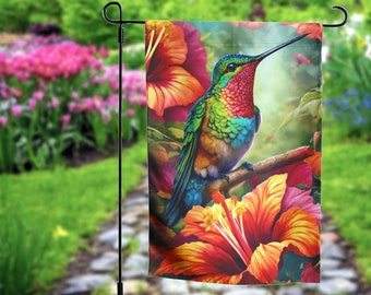 Hummingbird Garden Flag for Spring & Summer, Hibiscus Flower Yard Flag, Bright Colorful Floral Entry Flag, Tropical Bird Flag, Outdoor Decor