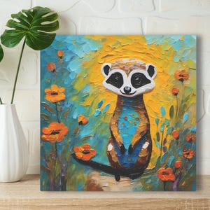 Meerkat Art Print on Framed Canvas or Poster Paper, Original Oil Painting Artwork, Cute Prairie Animal & Flowers, Gift For Meerkat Loversr