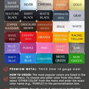 May include: A colour chart showcasing metal colour options such as silver, black, and gold. The chart displays a range of colours including red, orange, yellow, blue, and green. The text "COLOR OPTIONS" is at the top. The chart also includes the text "SHIPS WORLDWIDE".