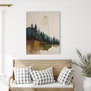 Abstract New Hampshire State Silhouette Wall Art Print, Mountain Pine Tree Forest Landscape Painting, Muted Color Green Blue & Beige Artwork image 5