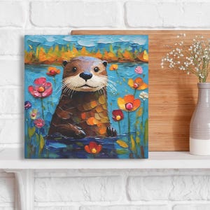 Otter Art Print • Whimsical Folk Art Painting • Eclectic Wall Decor • Woodland Animal & Flowers • Framed Canvas Poster Gift For Otter Lover Bild 4