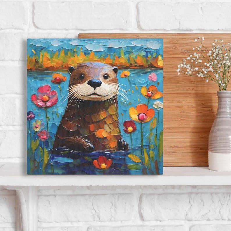 Otter Art Print • Whimsical Folk Art Painting • Eclectic Wall Decor • Woodland Animal & Flowers • Framed Canvas Poster Gift For Otter Lover Bild 4