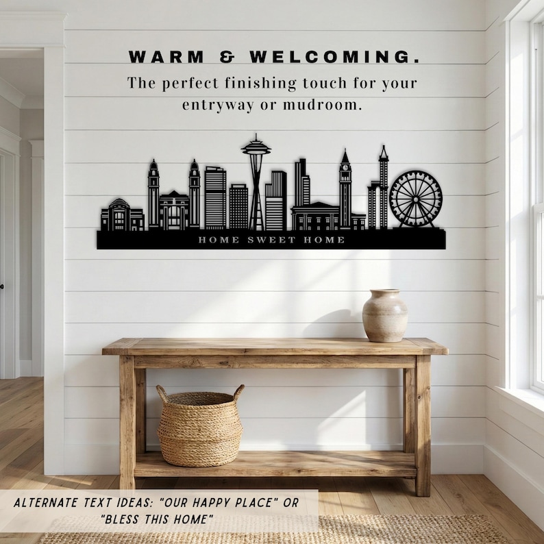 May include: Black metal wall art featuring a city skyline with the words "HOME SWEET HOME". The art piece includes the text "WARM & WELCOMING" and "The perfect finishing touch for your entryway or mudroom."
