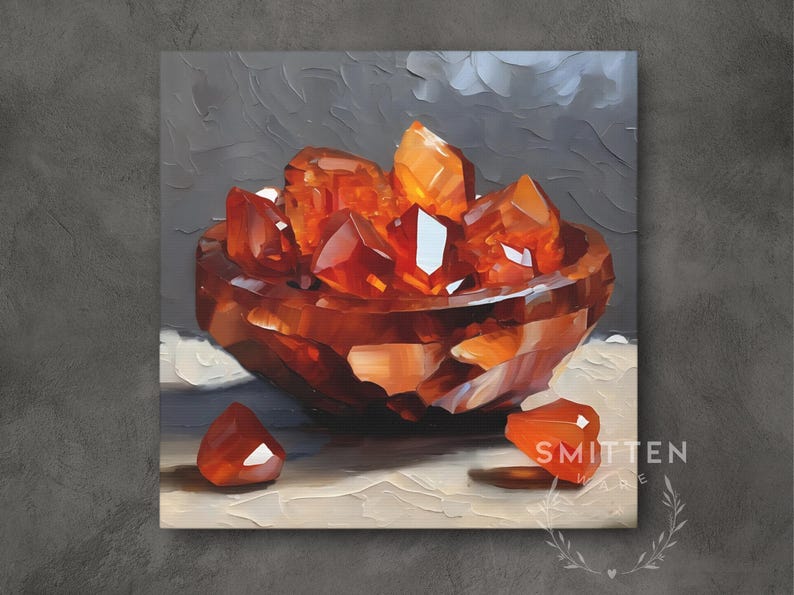 Carnelian Agate Crystal Artwork On Canvas Or Wall Art Print, Modern Orange Mineral Cluster Abstract Painting, Unique Gemstone Art Work Decor image 1