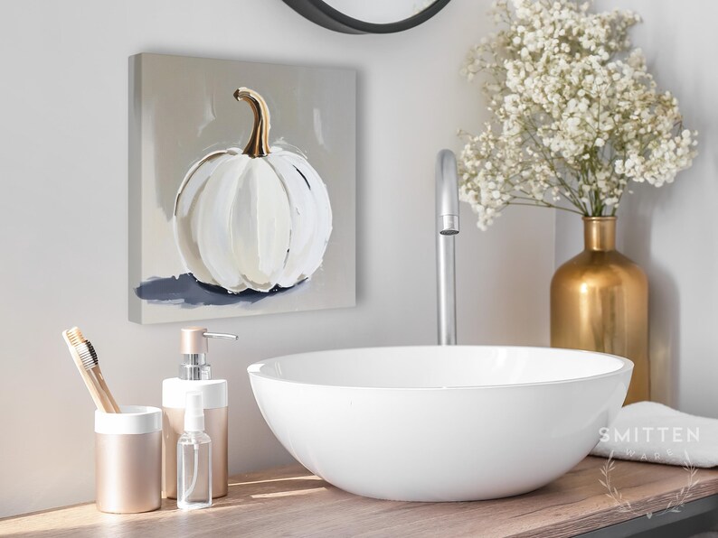 Pintura abstracta de calabaza blanca, decoración de pared otoñal en tonos beige y gris neutros, impresión artística otoñal de estilo rústico moderno, arte minimalista de Halloween en colores apagados imagen 7