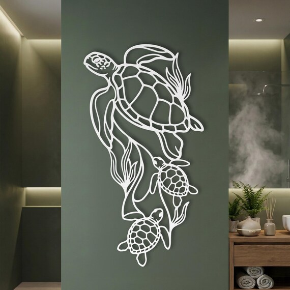 Sea Turtle Wall Art • Metal Coastal Bathroom Decor • Vertical Narrow Decor • Beach House Sign • Skinny Wall Art • Ocean Theme • Over Toilet