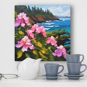 Washington Coast Painting Rhododendron Art on Canvas Wall Art Print, Washington State Flower Landscape Artwork Home Decor Gift image 6