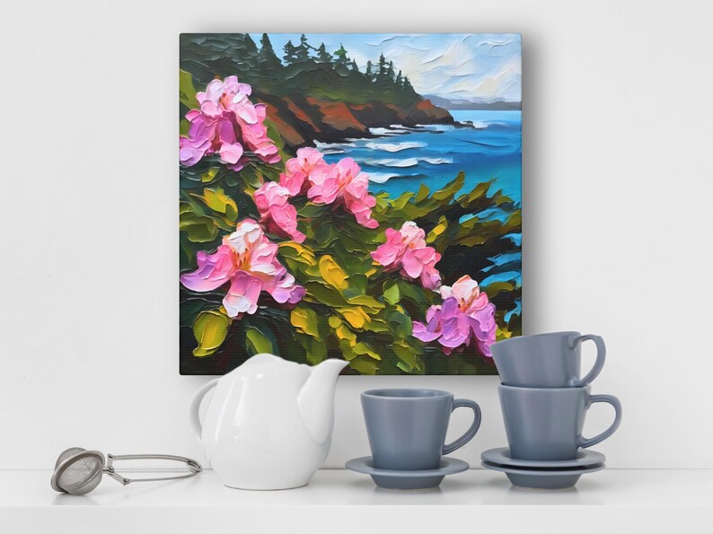 Washington Coast Painting Rhododendron Art on Canvas Wall Art Print, Washington State Flower Landscape Artwork Home Decor Gift image 6
