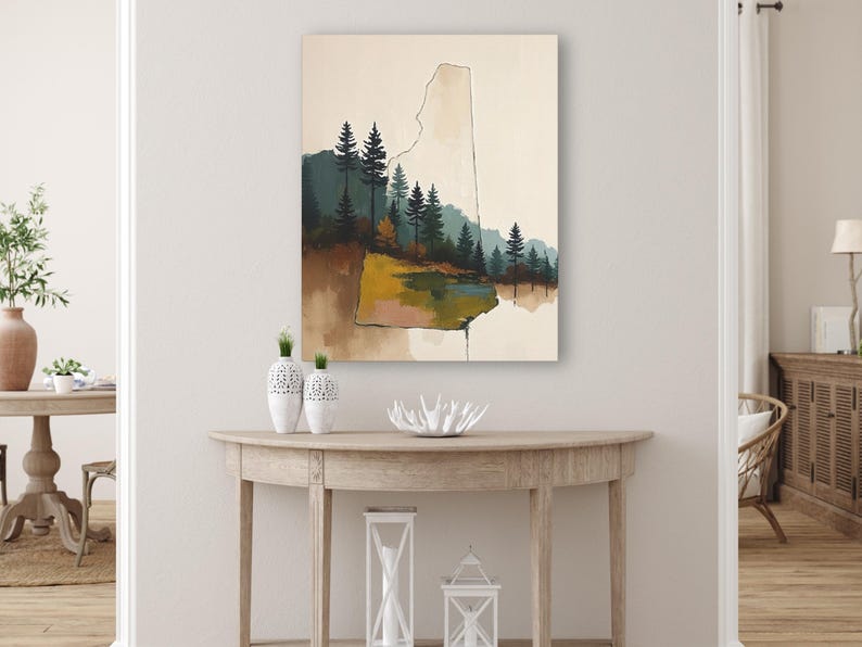 Abstract New Hampshire State Silhouette Wall Art Print, Mountain Pine Tree Forest Landscape Painting, Muted Color Green Blue & Beige Artwork image 1
