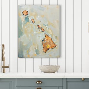 Impresión artística de pared con silueta abstracta del estado de Hawái, pintura texturizada minimalista moderna en colores neutros y apagados, decoración en azul aguamarina y naranja. imagen 9