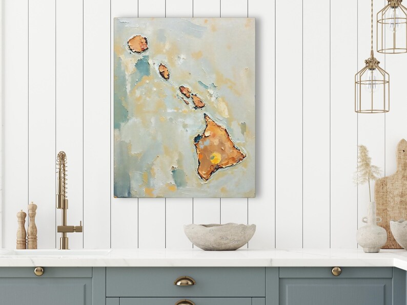 Impresión artística de pared con silueta abstracta del estado de Hawái, pintura texturizada minimalista moderna en colores neutros y apagados, decoración en azul aguamarina y naranja. imagen 9