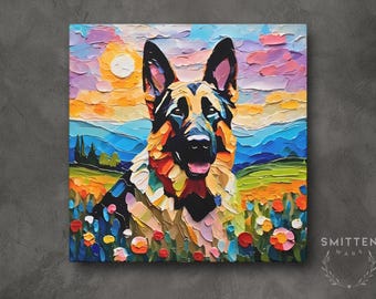 Impresión artística de pastor alemán • Pintura de arte popular caprichosa • Decoración de pared ecléctica • Póster en lienzo enmarcado Regalo para mamás, dueños y amantes de los perros