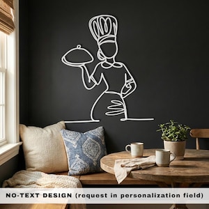 White minimalist woman chef silhouette with blank apron and platter for modern kitchen wall decor.