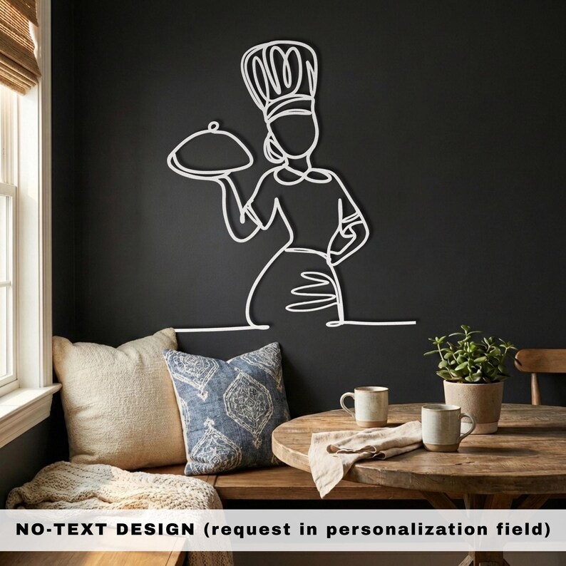 White minimalist woman chef silhouette with blank apron and platter for modern kitchen wall decor.