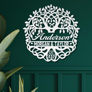 Personalized Wedding Gift for Couple, Metal Established Sign, Custom Marriage Date Sign, Family Tree of Life Metal Wall Art, Metal Name Sign image 11