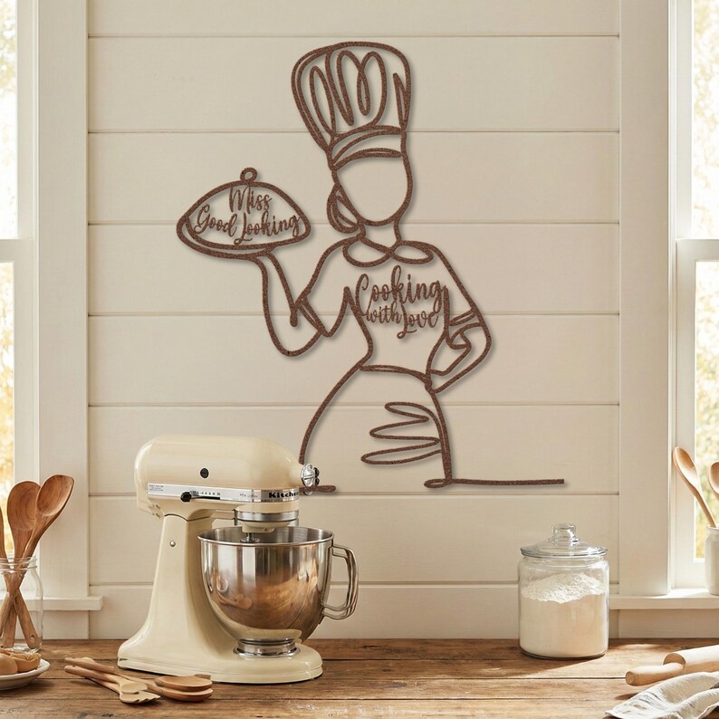 Rust patina cooking decor with custom phrase "Miss Good Looking" and "Cooking with Love" for rustic kitchen.