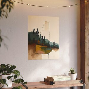 Abstract New Hampshire State Silhouette Wall Art Print, Mountain Pine Tree Forest Landscape Painting, Muted Color Green Blue & Beige Artwork image 9