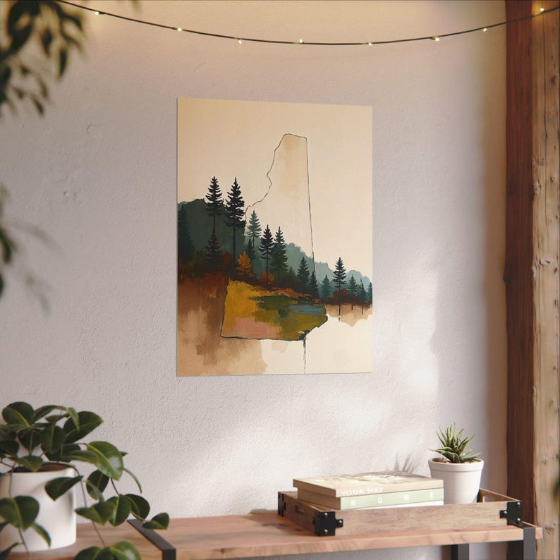 Abstract New Hampshire State Silhouette Wall Art Print, Mountain Pine Tree Forest Landscape Painting, Muted Color Green Blue & Beige Artwork image 9
