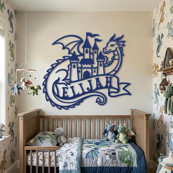 Dragon Nursery Decor • Custom Metal Name Sign • Dragon Baby Shower • Fairytale Castle Art • Boy Bedroom • Fantasy Theme Medieval Party Gift
