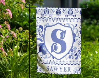 Blue Floral Chinoiserie Garden Flag, Spring & Summer Flower Yard Flag, Monogram Crest Custom Personalized Double Sided Welcome Sign Decor