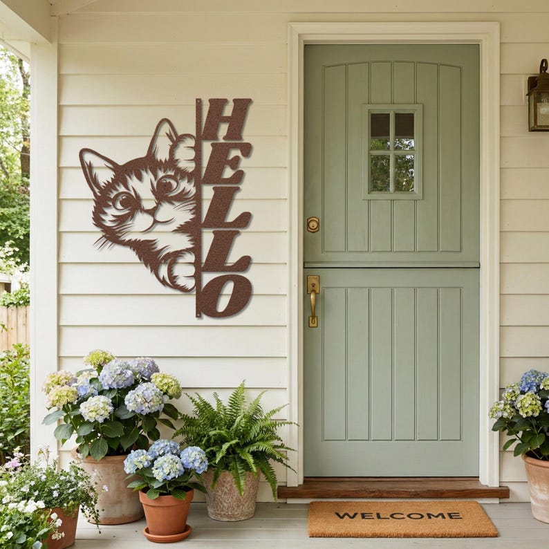 Hello cat porch sign, cute animal welcome wall art.