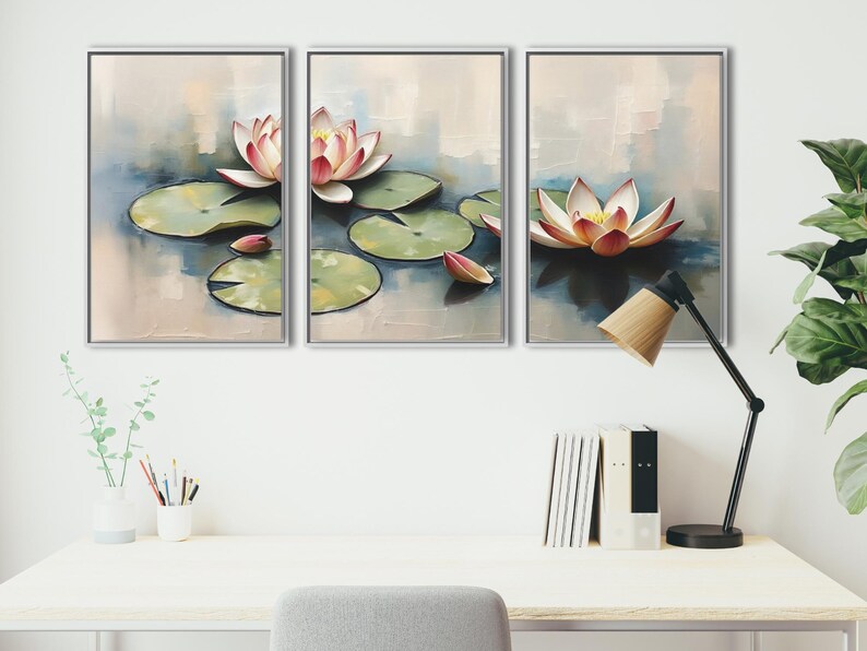 May include: Triptych of framed art prints featuring watercolor paintings of lotus flowers. Each panel depicts a different composition of the flowers, with pink and white petals, green lily pads, and a serene water background.