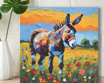 Donkey Art Print on Framed Canvas or Poster Paper, Original Oil Painting Artwork, Cute Farm Animal & Flowers, Unique Gift For Donkey Lover