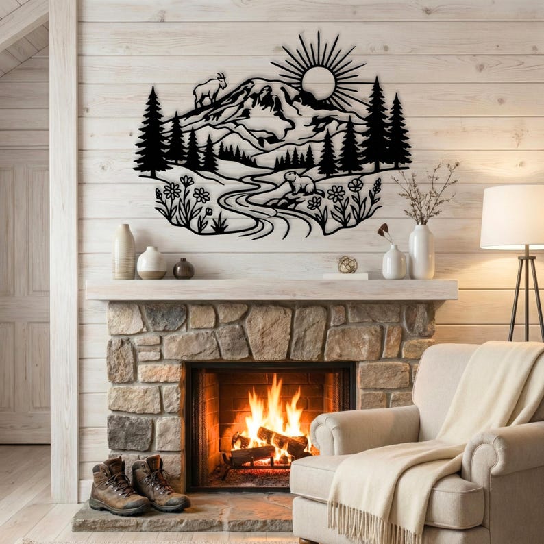Black metal Mount Rainier art with wildflowers, mountain goat, and marmot, displayed above stone fireplace.