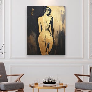 Pintura abstracta de figura femenina, retrato de espaldas, impresión artística de pared con silueta femenina, decoración moderna contemporánea en dorado y negro para el hogar. imagen 7