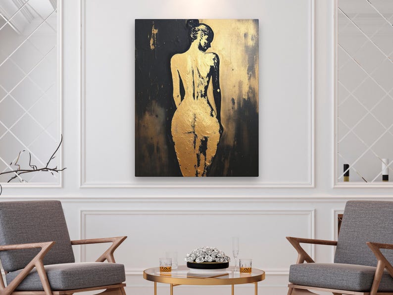 Pintura abstracta de figura femenina, retrato de espaldas, impresión artística de pared con silueta femenina, decoración moderna contemporánea en dorado y negro para el hogar. imagen 7
