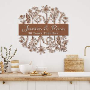 30th Wedding Anniversary Gift for Parents, 30 Years Together Wildflower Metal Name Sign Wall Art, Custom Flower Anniversary Gift for Husband image 10