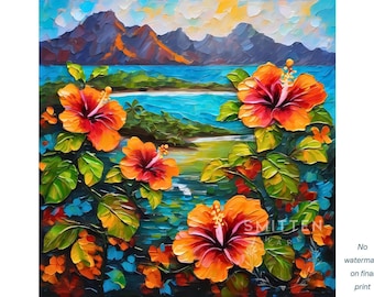 Hawaii Hibiscus Art - Framed Canvas Wall Art or Poster Print - Tropical Flower Hawaiian Landscape Print, Original Oil Painting Artwork