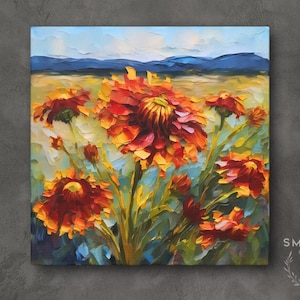 Indian Blanket Painting, Oklahoma State Wildflower Landscape on Canvas Wall Art Print Original Artwork, Home Decor Gift
