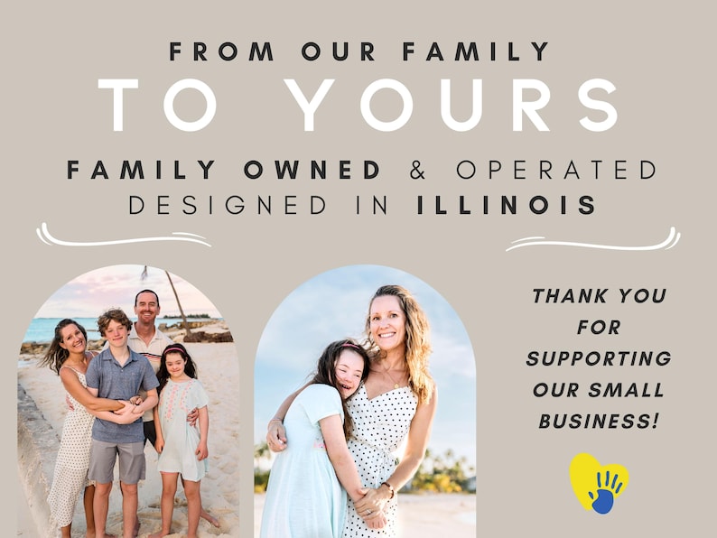以下が含まれることがあります： 「FROM OUR FAMILY TO YOURS」と「FAMILY OWNED & OPERATED DESIGNED IN ILLINOIS」というテキストが入ったグラフィック。家族写真と「THANK YOU FOR SUPPORTING OUR SMALL BUSINESS!」というメッセージが含まれています。